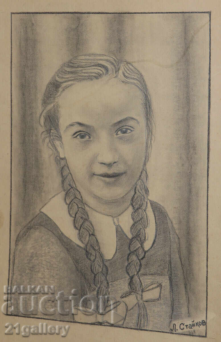 Auction  Old pencil drawing portrait of a girl, signed