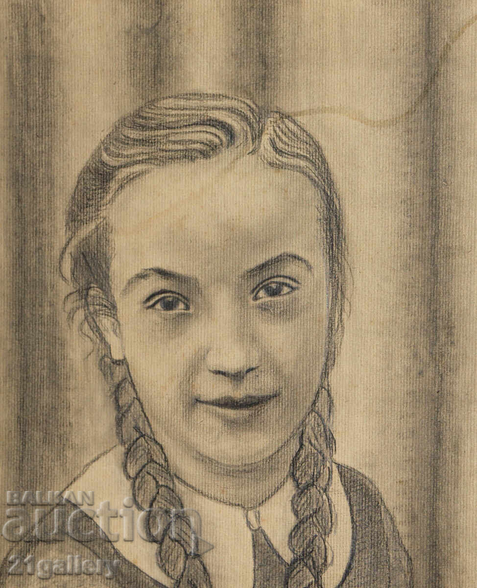Delivery of Old pencil drawing portrait of a girl, signed