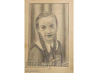 Old pencil drawing portrait of a girl, signed
