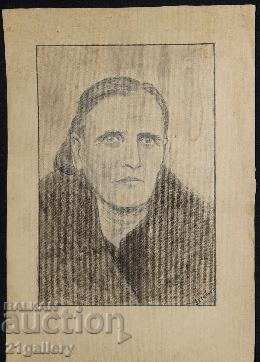 Auction  Old pencil drawing portrait of a woman, signed