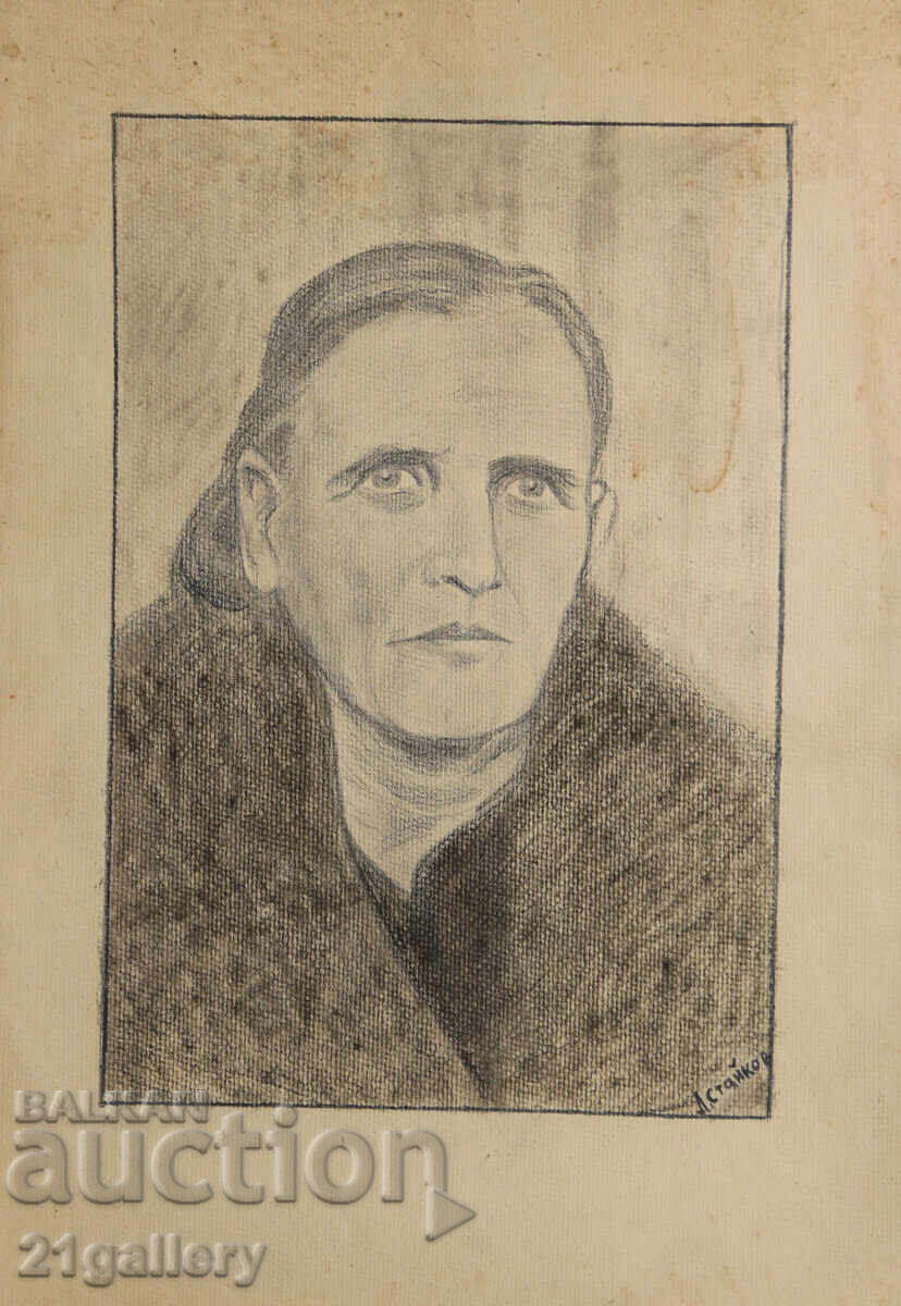 Old pencil drawing portrait of a woman, signed