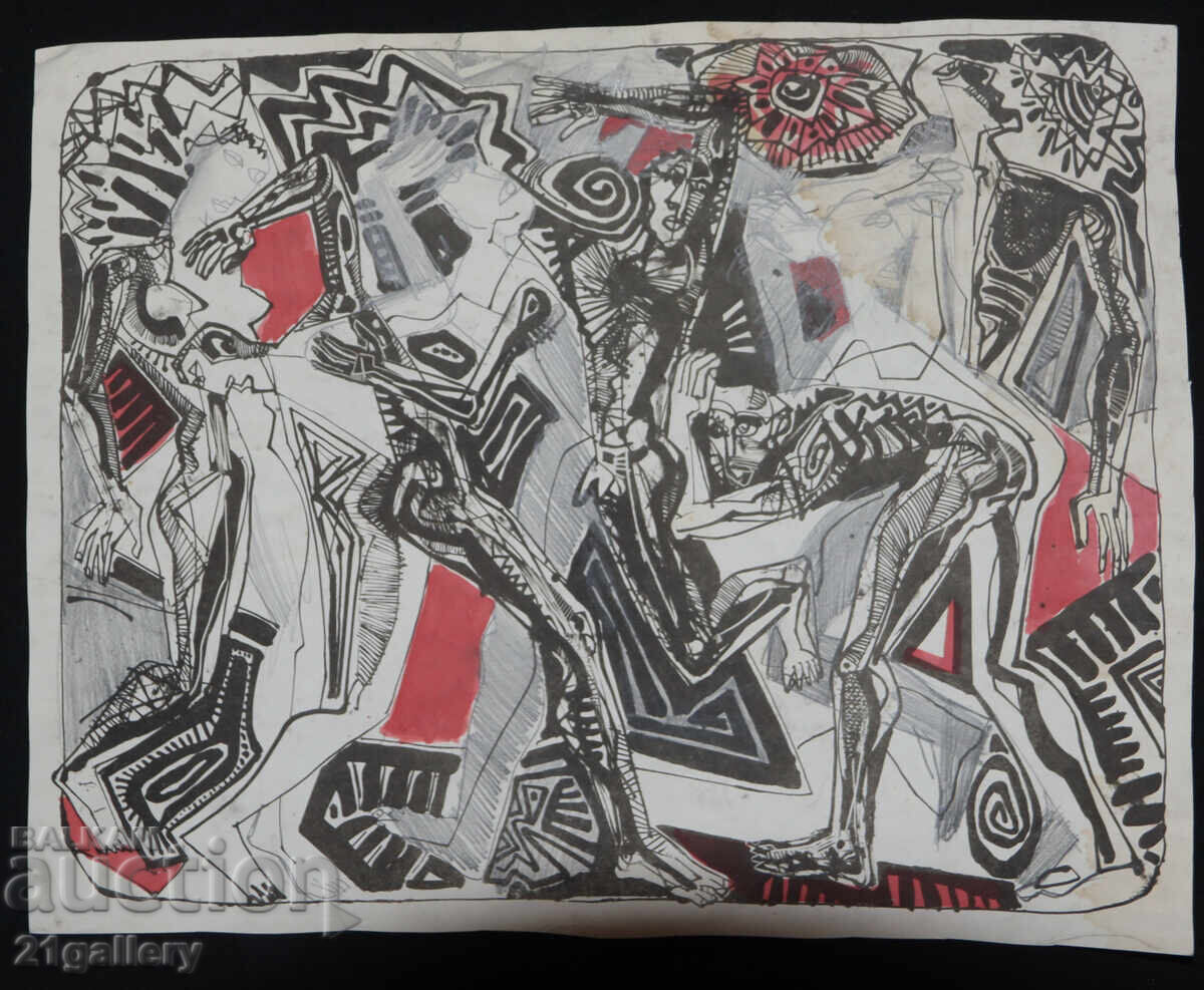 Πίνακας με μελάνι, αφηρημένη εικαστική σύνθεση με τιμή 400.00 BGN | € 204.52