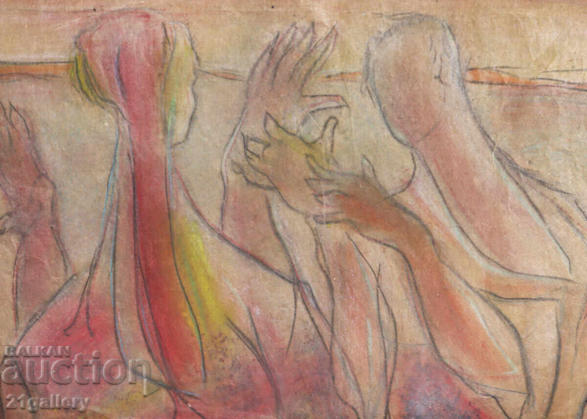 Licitație Tablou pastel compoziție abstractă figurativă Licitație Tablou pastel compoziție abstractă figurativă