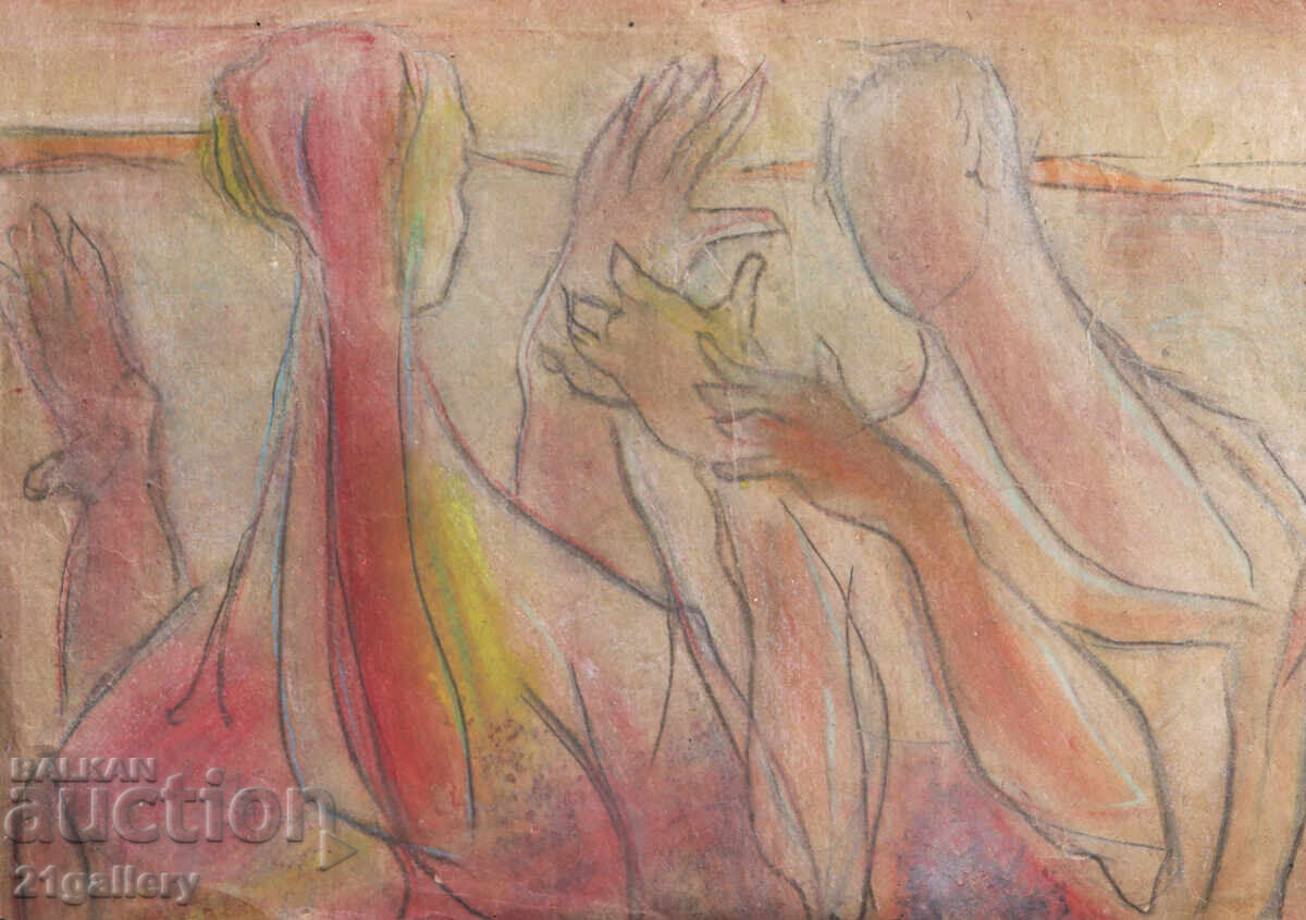 Tablou pastel compoziție abstractă figurativă Tablou pastel compoziție abstractă figurativă
