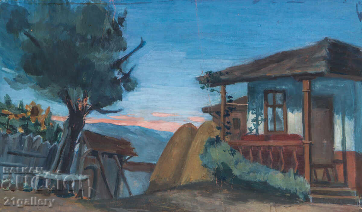 Auction  Old painting, tempera paints, Revival house, courtyard