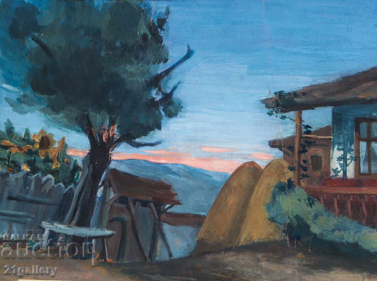 Delivery of Old painting, tempera paints, Revival house, courtyard