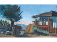 Old painting, tempera paints, Revival house, courtyard