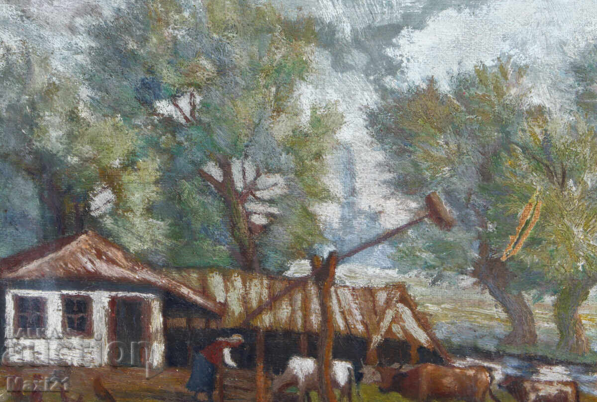 Παράδοση Αγροτικό τοπίο, παλαιός πίνακας ελαιογραφίας, 1926