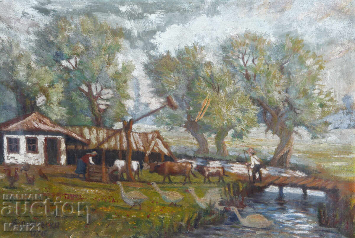 Αγροτικό τοπίο, παλαιός πίνακας ελαιογραφίας, 1926