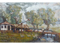 Peisaj rural, tablou vechi, ulei pe pânză, 1926