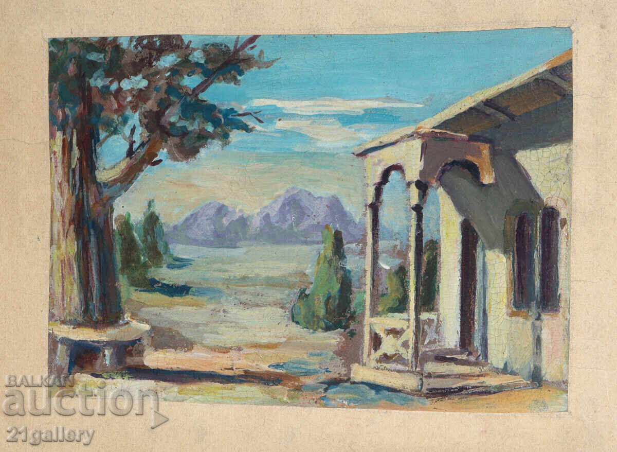 Old painting, tempera paints, landscape