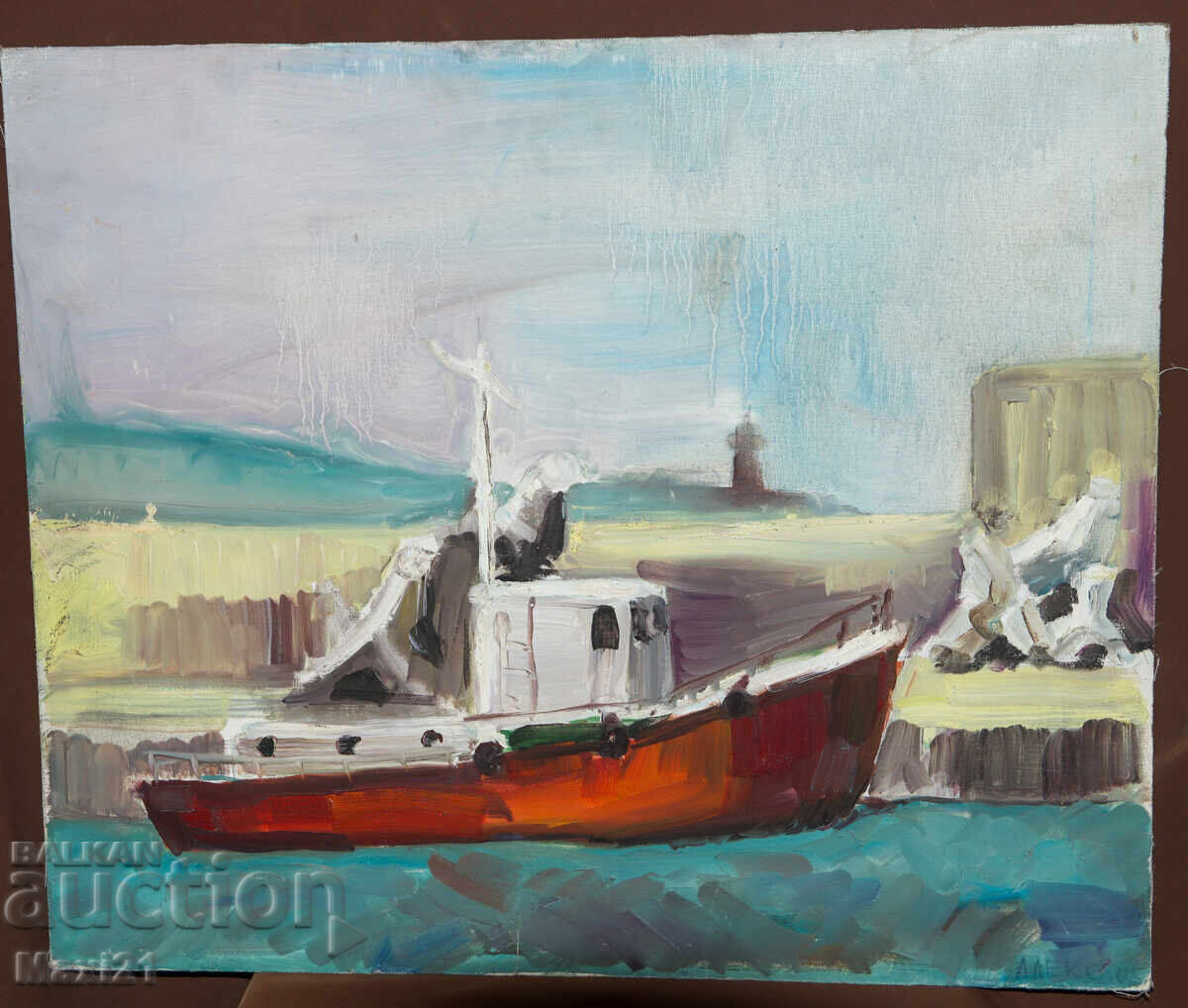 Θαλασσινό τοπίο ψαρόβαρκα πίνακας ελαιογραφίας 2005 με τιμή 300.00 BGN | € 153.39