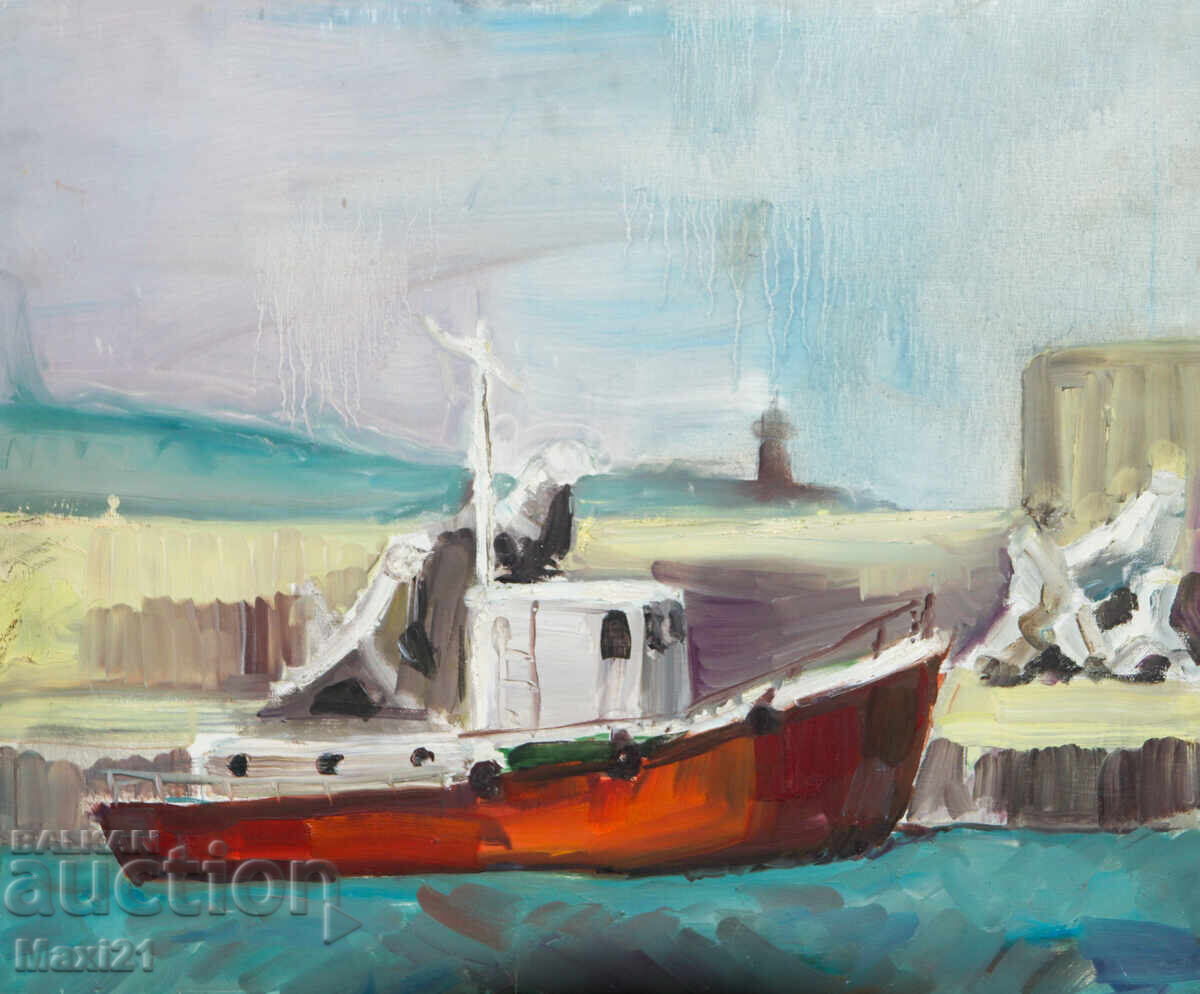 Δημοπρασία Θαλασσινό τοπίο ψαρόβαρκα πίνακας ελαιογραφίας 2005
