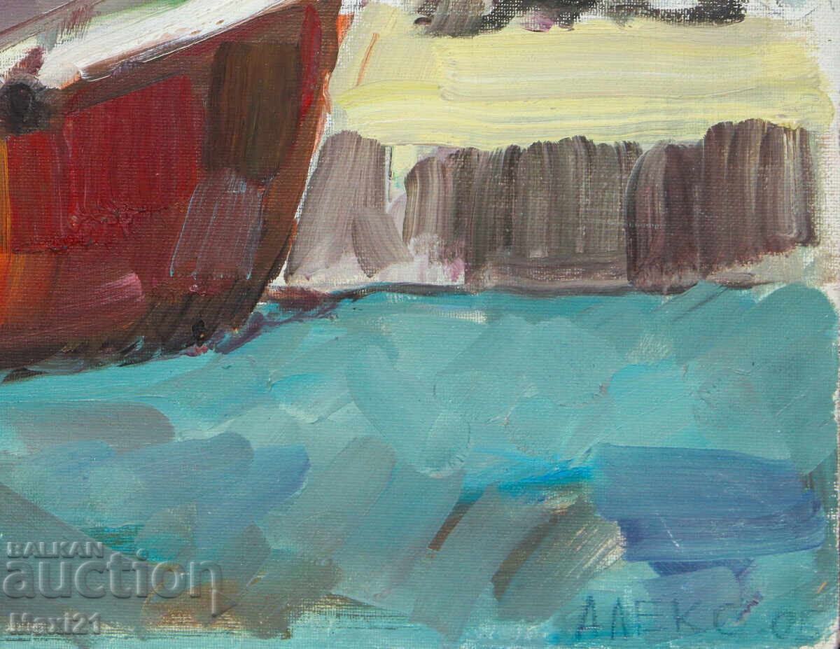 Παράδοση Θαλασσινό τοπίο ψαρόβαρκα πίνακας ελαιογραφίας 2005