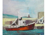 Peisaj marin barcă de pescuit pictură ulei 2005
