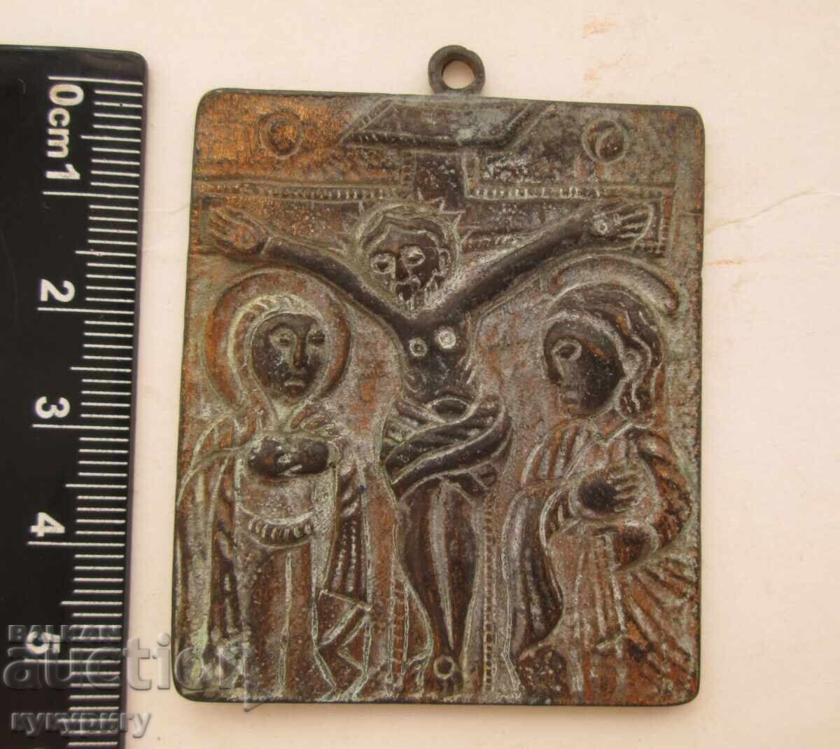 Παράδοση Παλιά μικρή χάλκινη εικόνα Σταύρωση πρωτόγονη