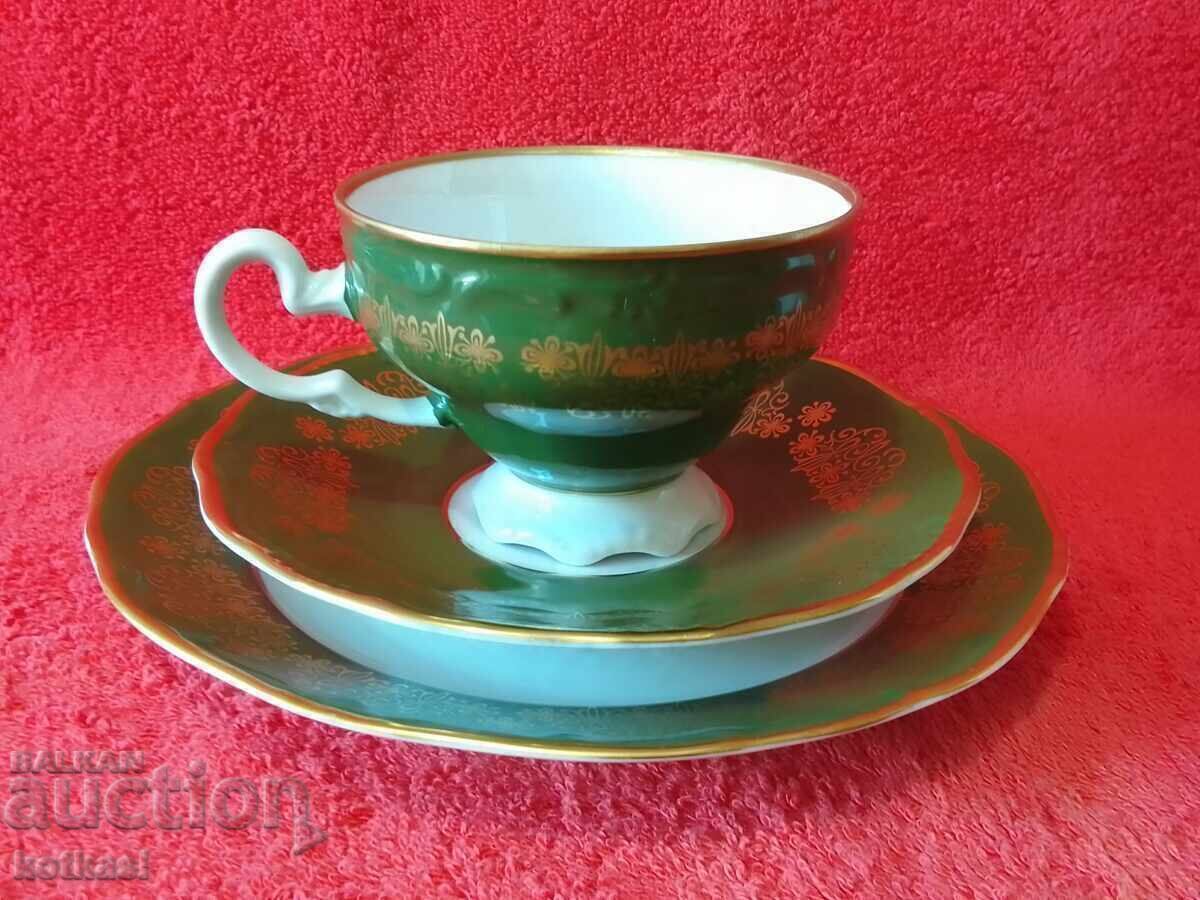 Vintage three-piece WEIMAR gold-plated set - cup, 2 plates Germany GDR