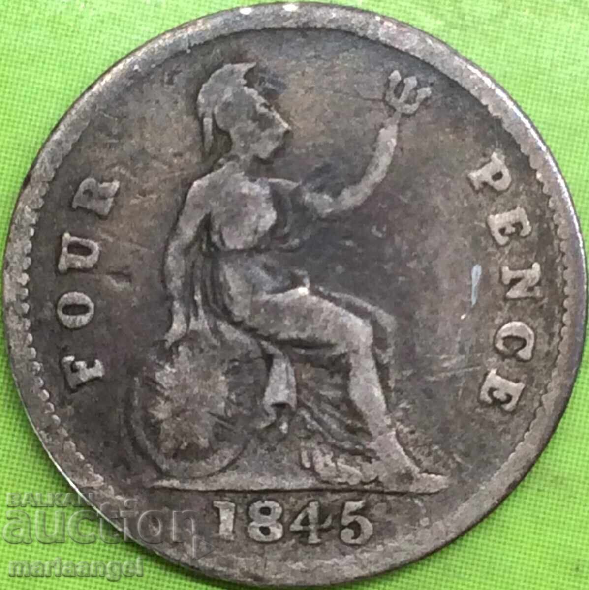 Великобритания 4 пенса 1845 Гроут Виктория сребро