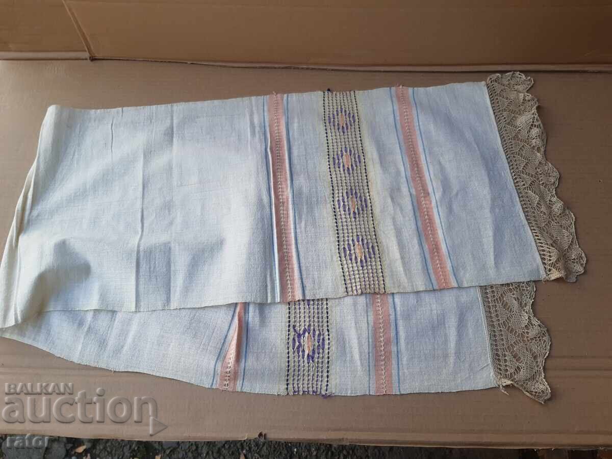 Authentic woven linen towel with lace, ritual cloth