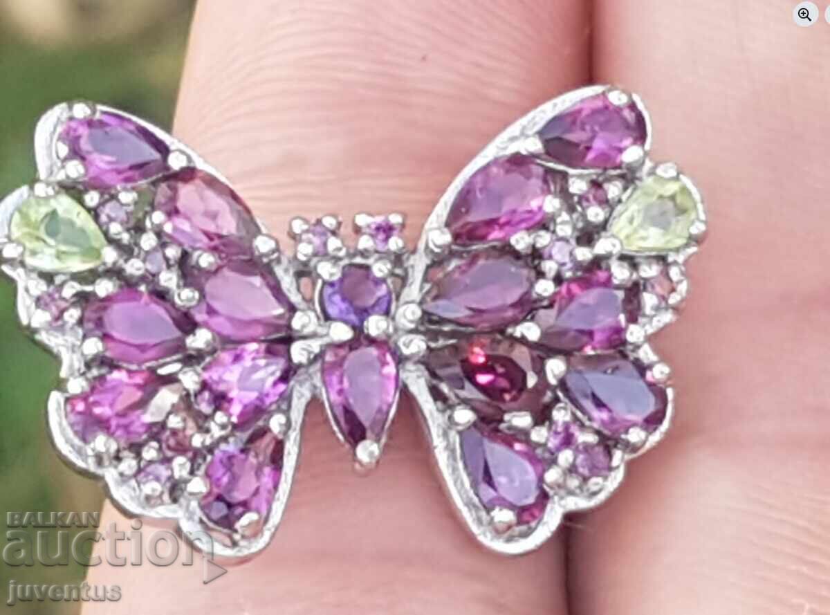 SILVER RING-BUTTERFLY WITH RHODOLITE (PINK GARNET), AMETHYST AND SILVER RING-BUTTERFLY WITH RHODOLITE (PINK GARNET), AMETHYST AND