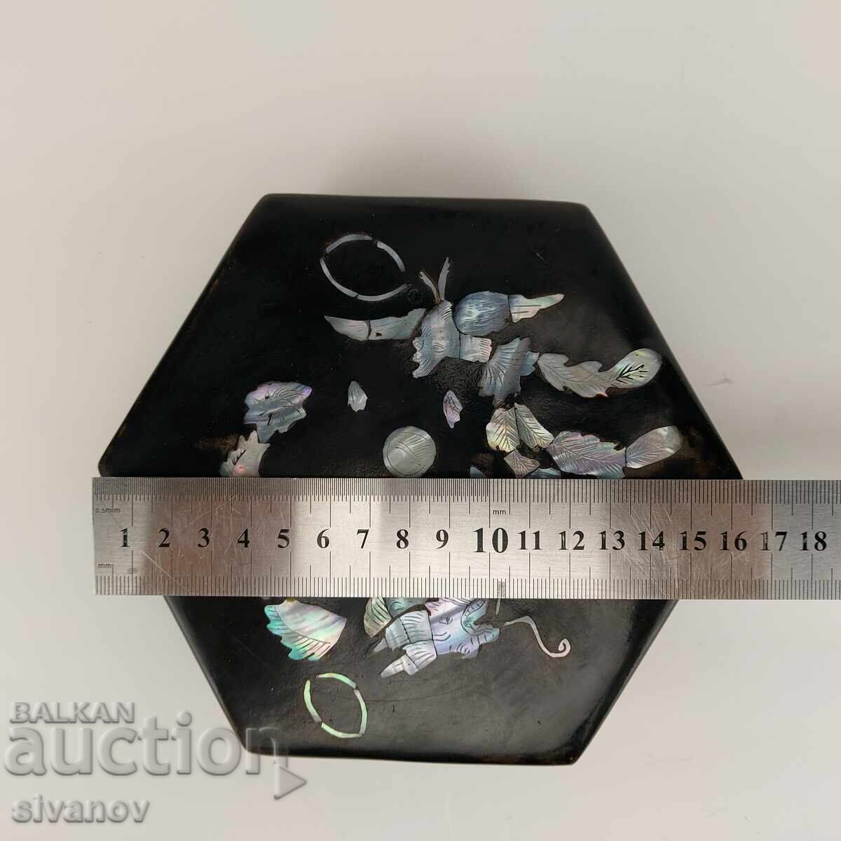 Cutie veche de lemn cu sidef incrustat, lac negru #4992 - 6