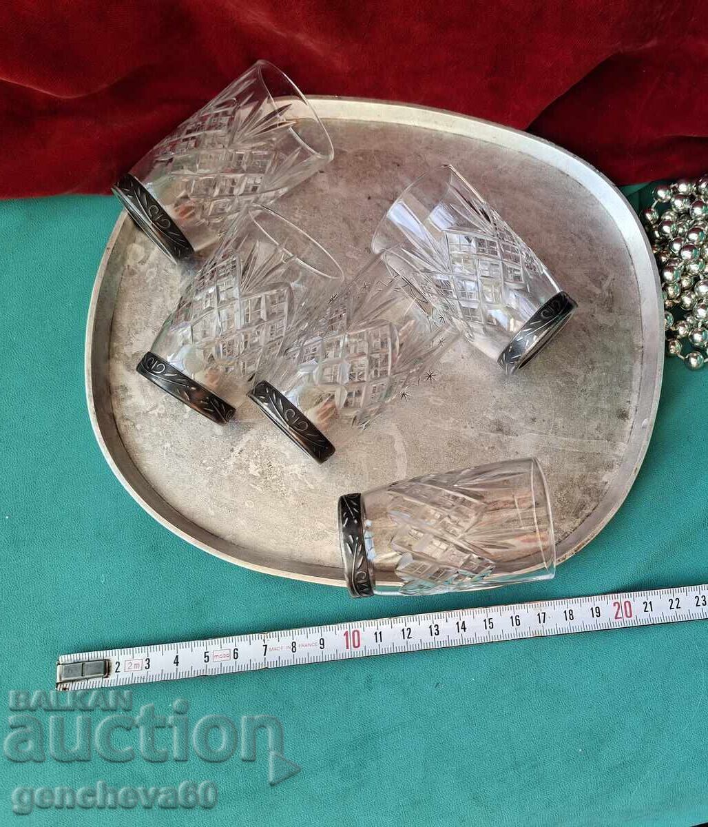 PAHARE DE CRISTAL RUSEȘTI RETRO ȘI TAVĂ ARGINTATĂ - 5