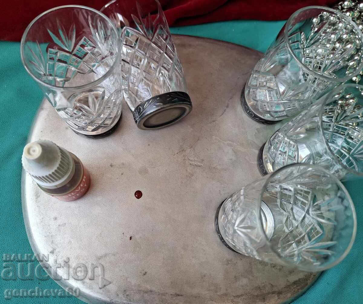 PAHARE DE CRISTAL RUSEȘTI RETRO ȘI TAVĂ ARGINTATĂ - 7