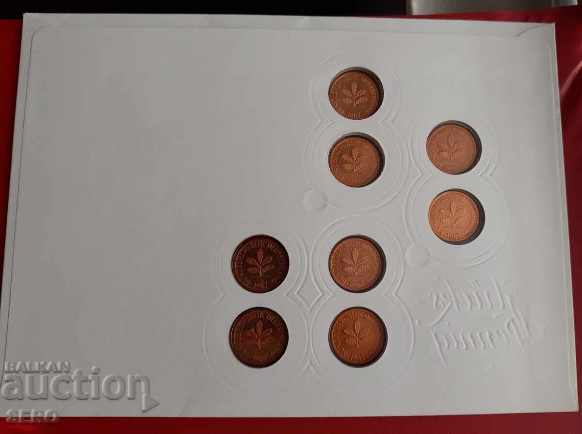 Germany - 8x 1 Pfennig and postage stamp in a beautiful envelope with price 7.01 BGN | € 3.58 Germany - 8x 1 Pfennig and postage stamp in a beautiful envelope with price 7.01 BGN | € 3.58