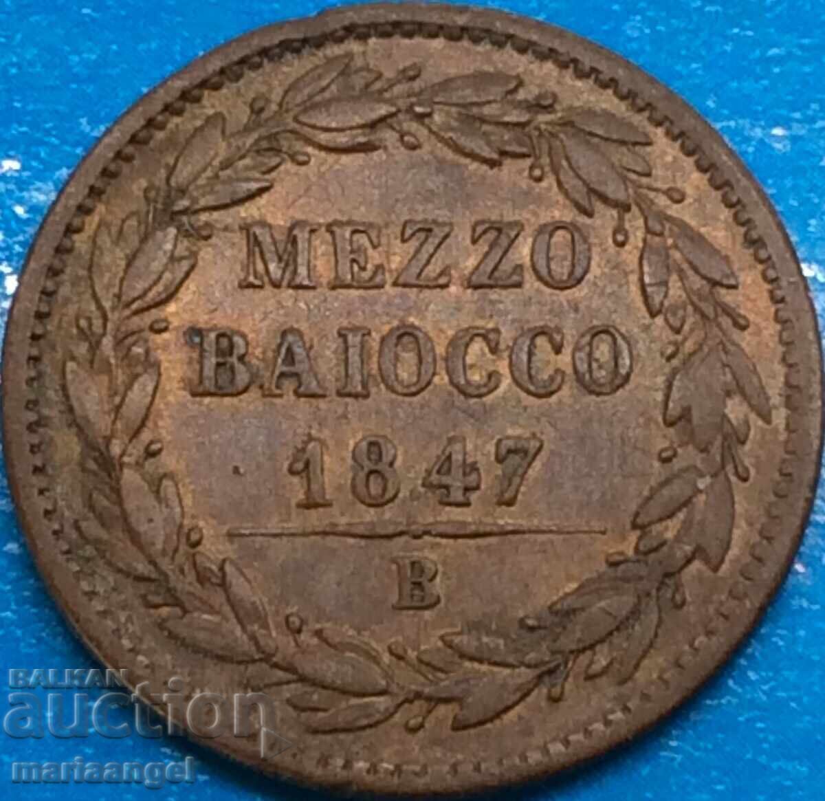 1/2 Baiocco 1847 B-Bologna Vatican Gregory XVI Copper