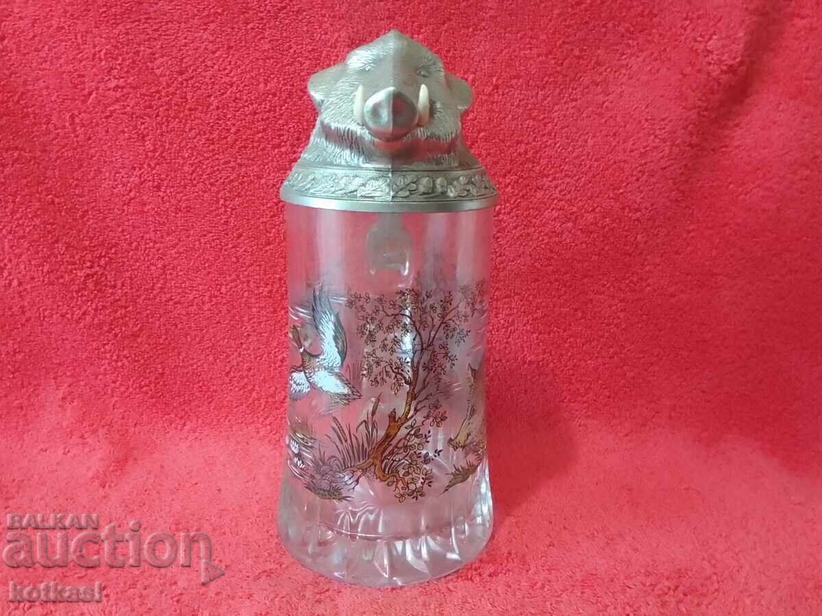 Licitație Cană masivă de sticlă veche 500 ml Mistreț Rațe Vânător
