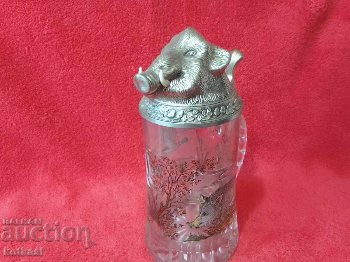 Cană masivă de sticlă veche 500 ml Mistreț Rațe Vânător - 6