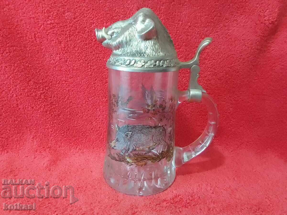 Cană masivă de sticlă veche 500 ml Mistreț Rațe Vânător