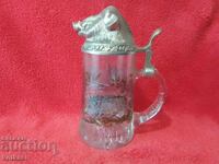 Cană masivă de sticlă veche 500 ml Mistreț Rațe Vânător