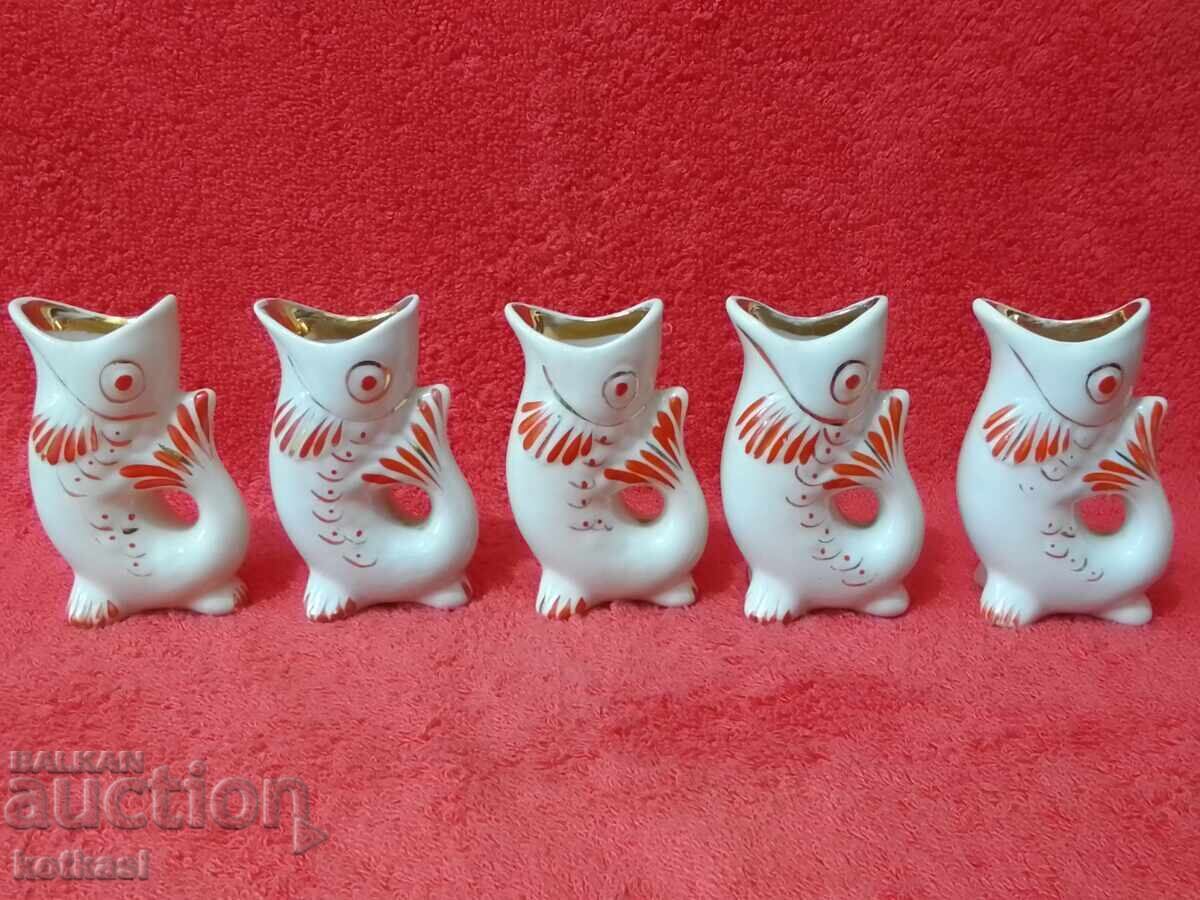 Auction  Star Lot 5 pcs Porcelain Cups Fish USSR Russia Gilding
