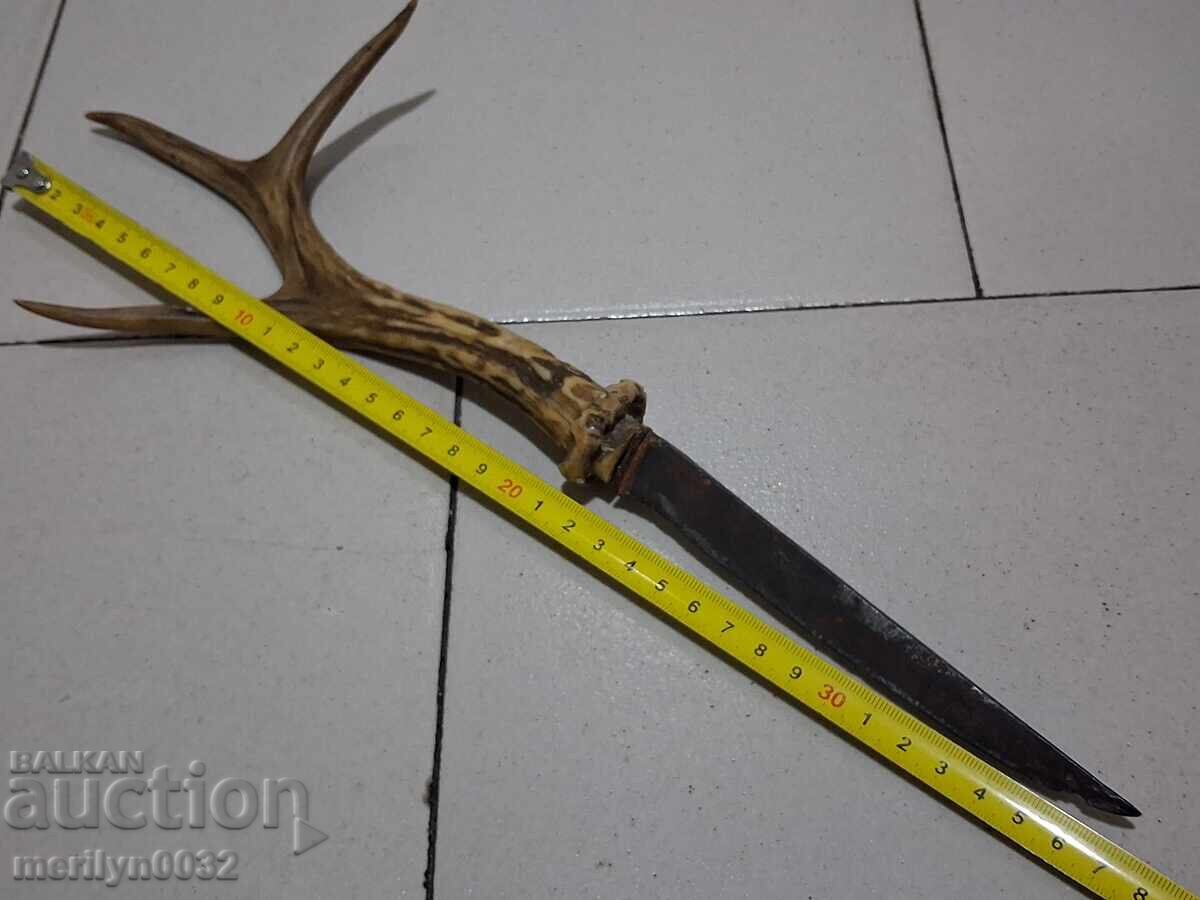 Стар ръчно кован нож без кания с дръжка рог на сърандак - 5