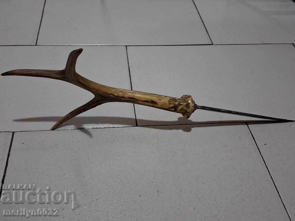 Стар ръчно кован нож без кания с дръжка рог на сърандак - 6