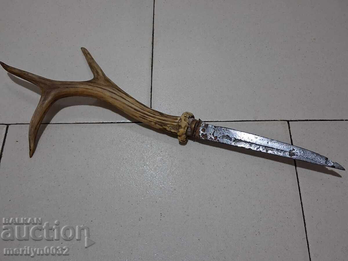Стар ръчно кован нож без кания с дръжка рог на сърандак - 7