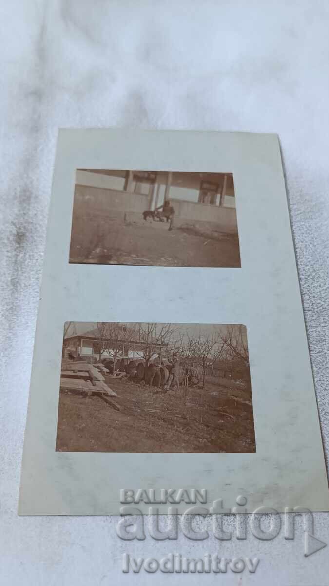 Φωτογραφία Αξιωματικοί κοντά σε βαρέλια και σκύλο στο μέτωπο Α' Π.Π