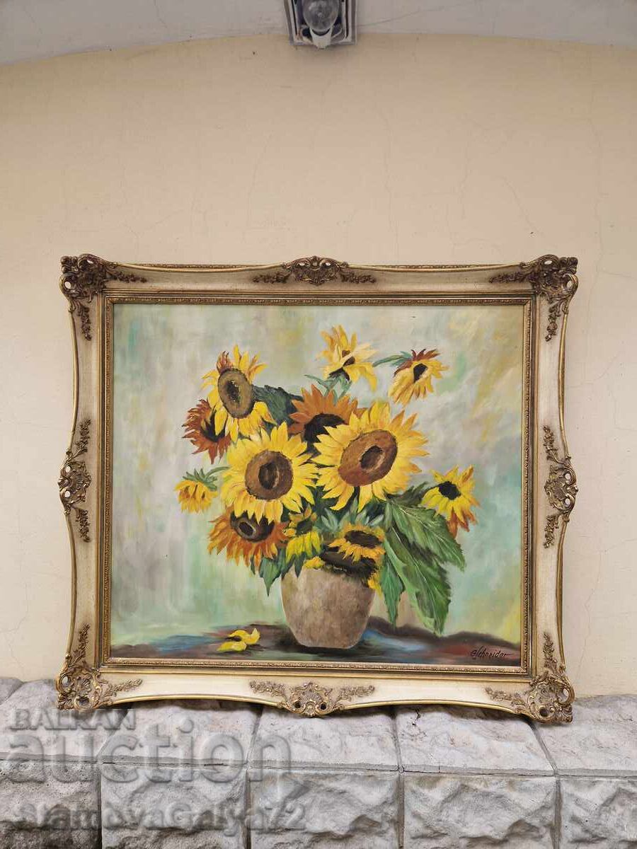 Still life large antique oil canvas author frame