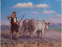 Tablou vechi, peisaj rural, arat cu vopsele în ulei