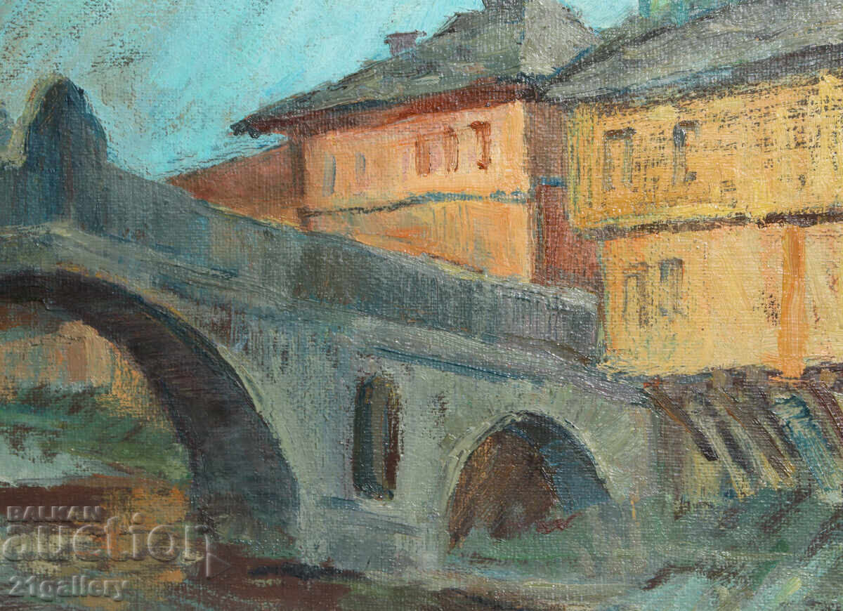 Tablou vechi ulei pe pânză, peisaj din Treavna - 7