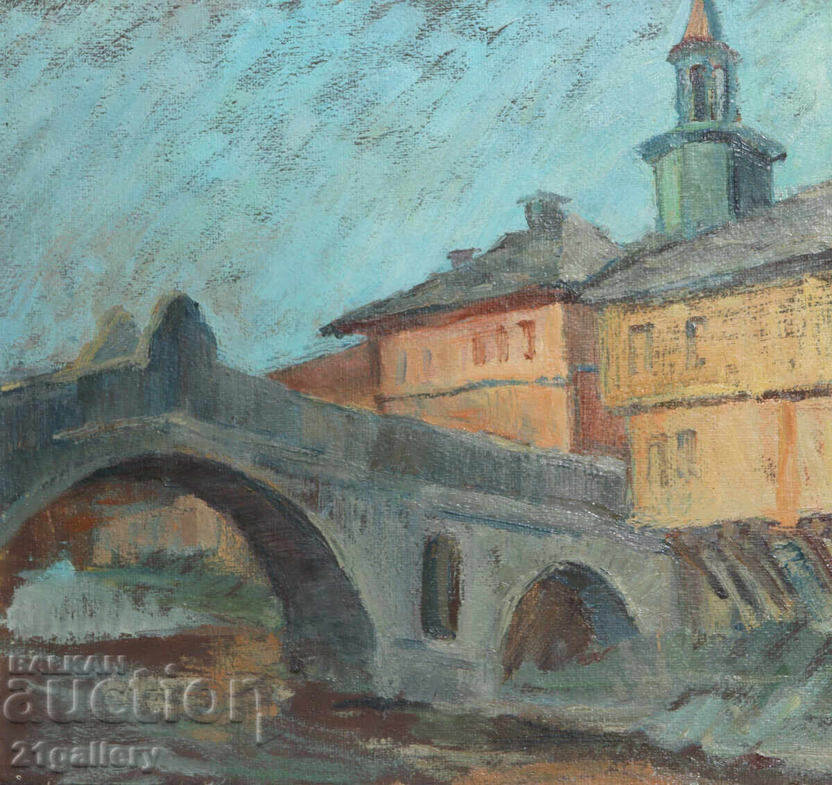 Tablou vechi ulei pe pânză, peisaj din Treavna