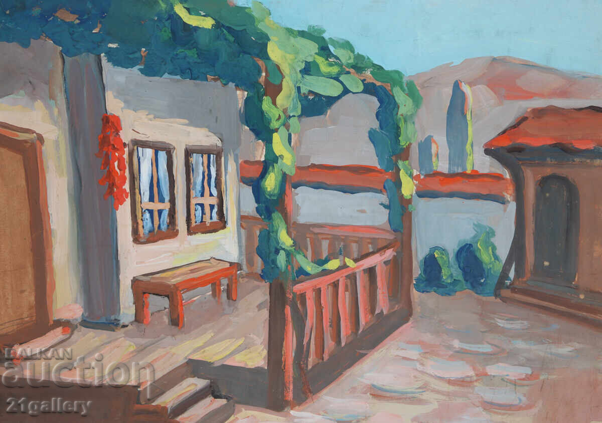 Old painting, tempera paints, Revival house, courtyard - 5