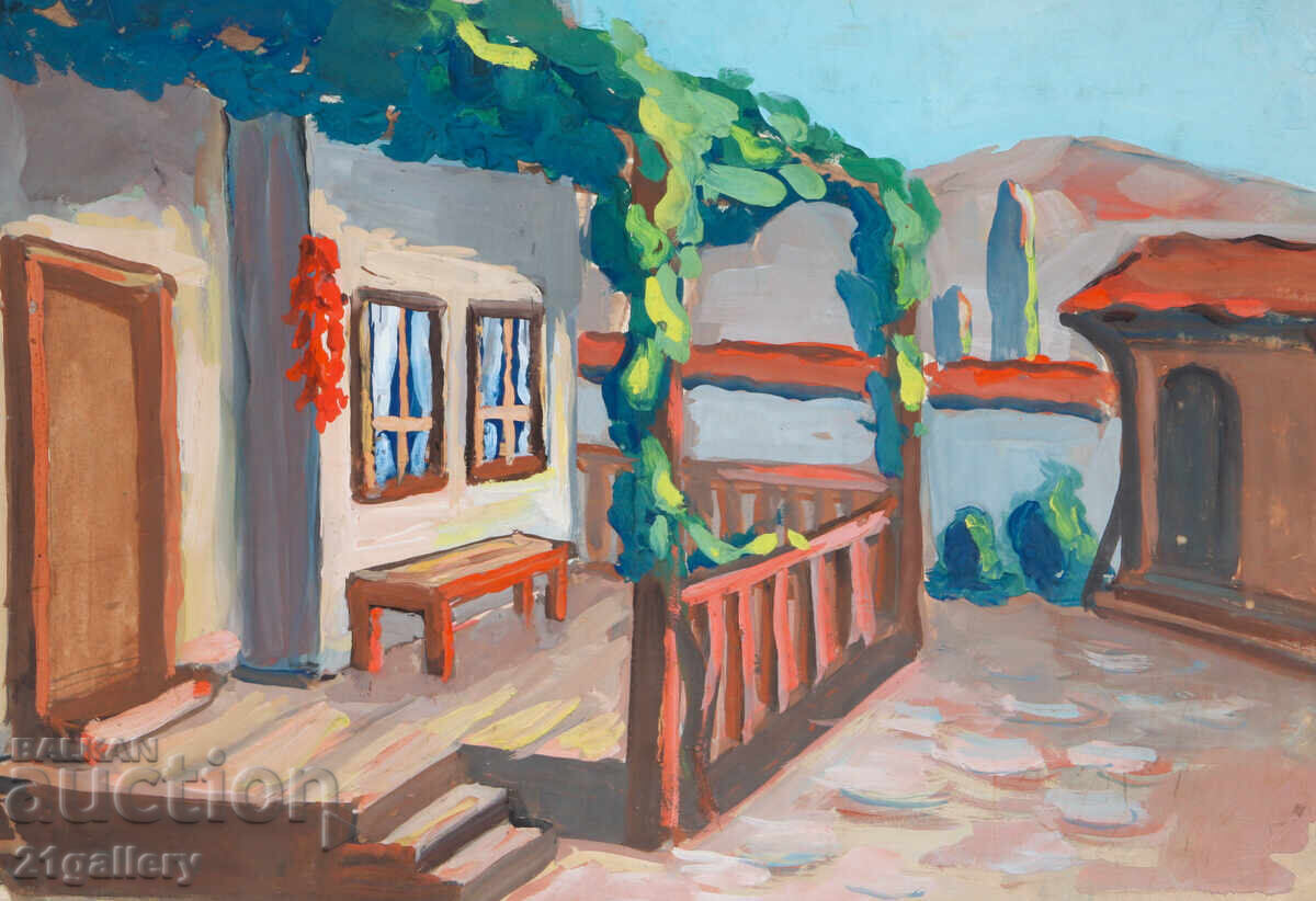 Old painting, tempera paints, Revival house, courtyard