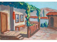 Old painting, tempera paints, Revival house, courtyard