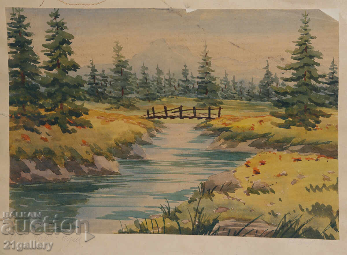 Аукцион Стара картина акварел пейзаж 1940г.
