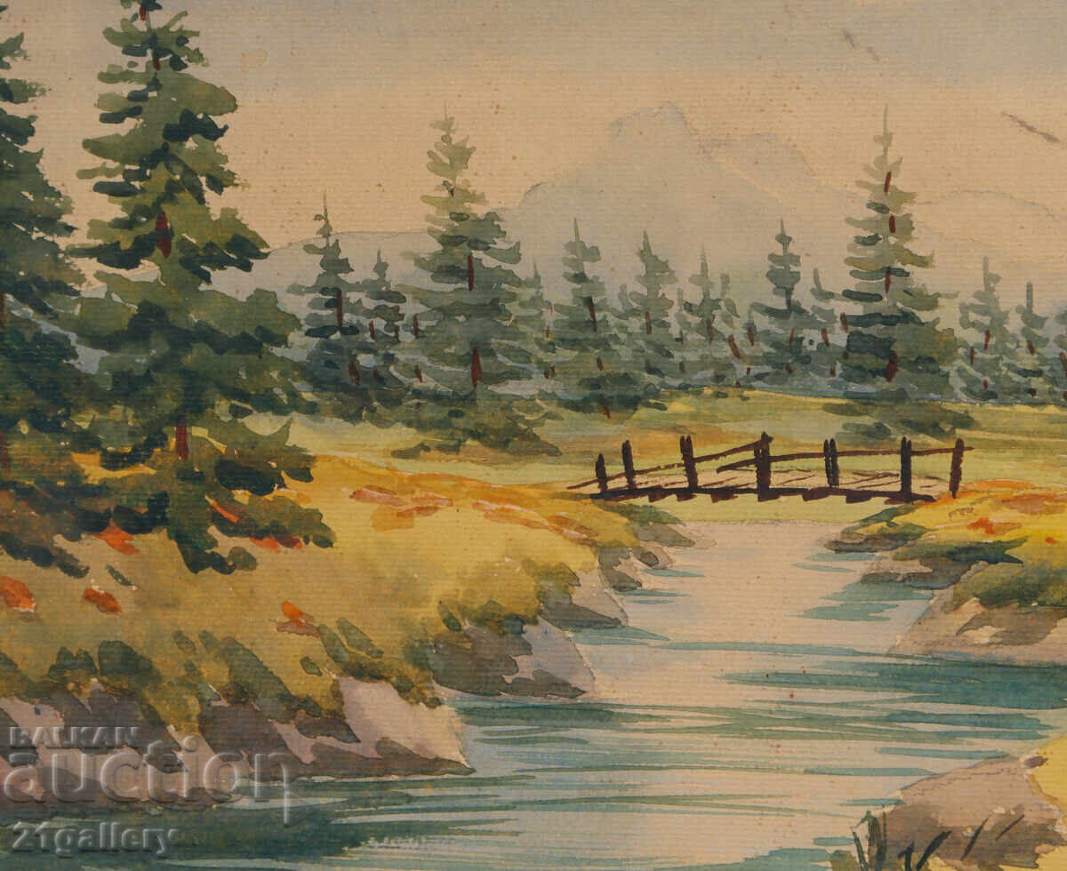 Доставка на Стара картина акварел пейзаж 1940г.