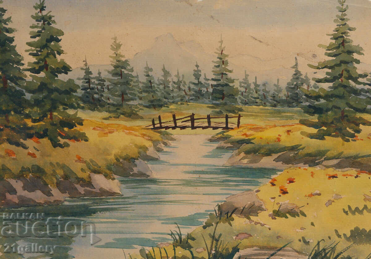 Стара картина акварел пейзаж 1940г.