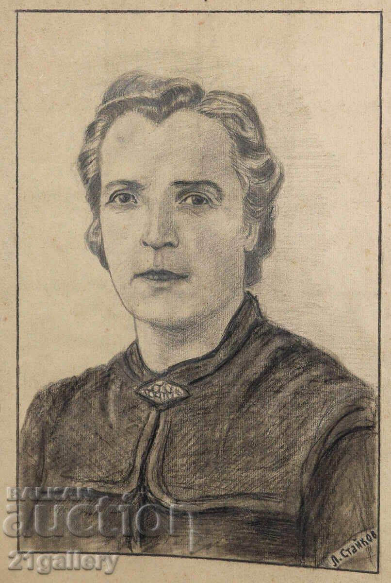 Auction  Old pencil drawing portrait of a woman, signed