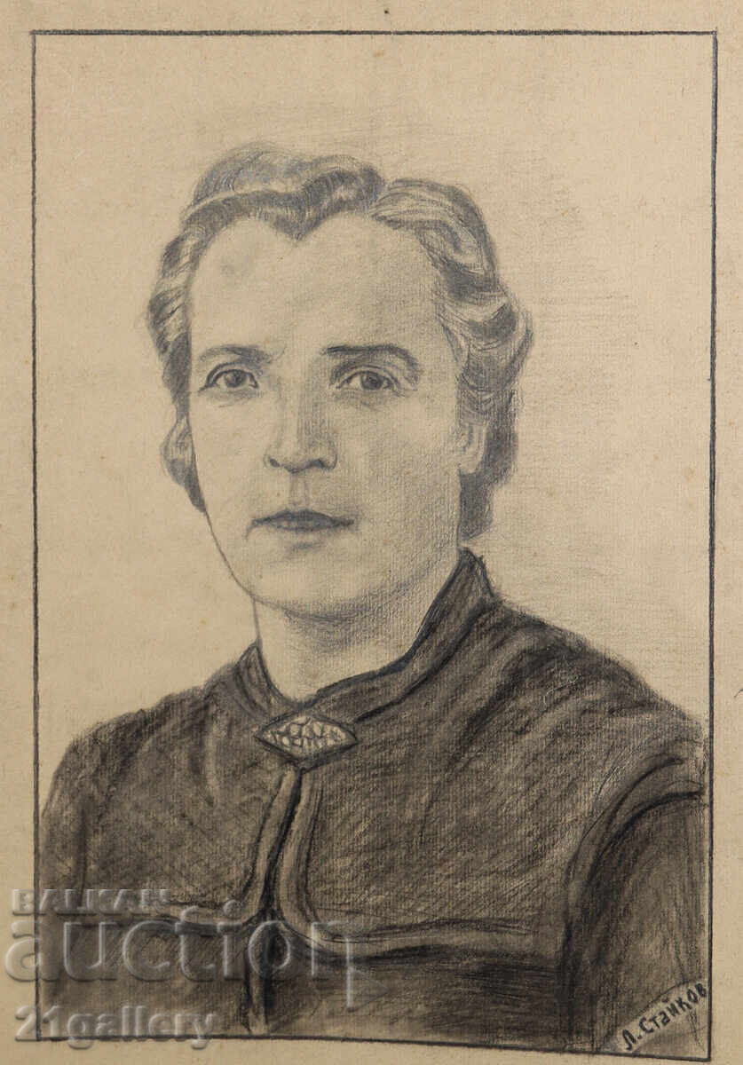Old pencil drawing portrait of a woman, signed